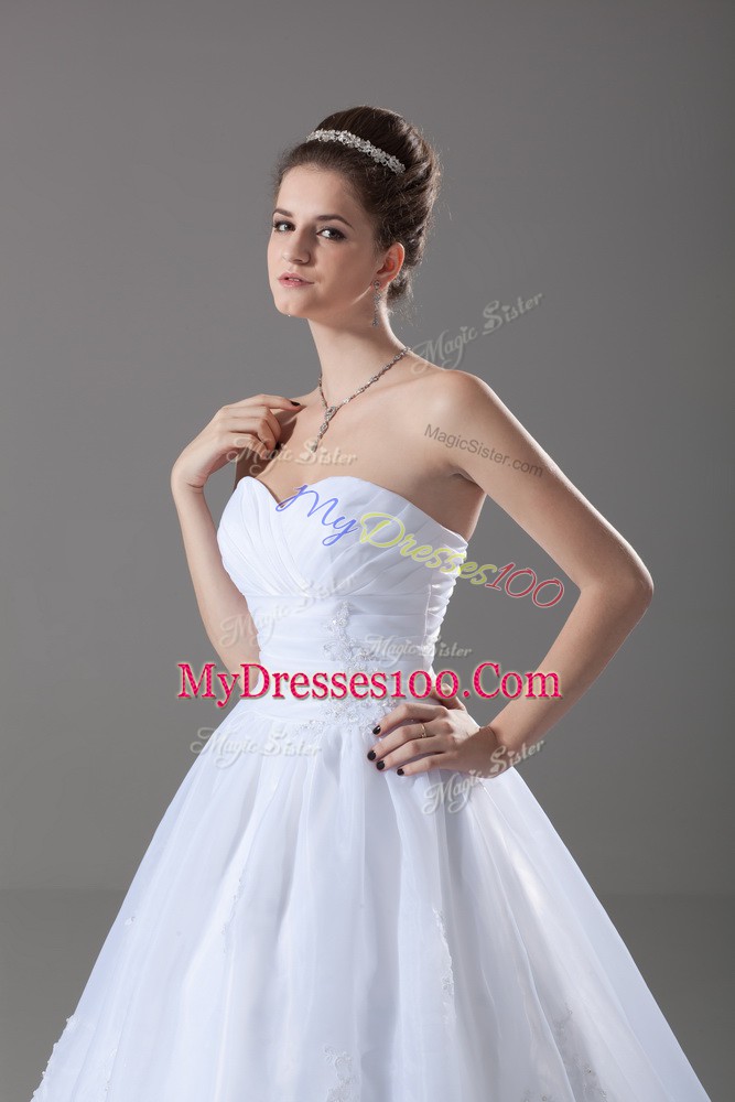 Sleeveless Tulle Brush Train Lace Up Wedding Gowns in White with Beading and Lace