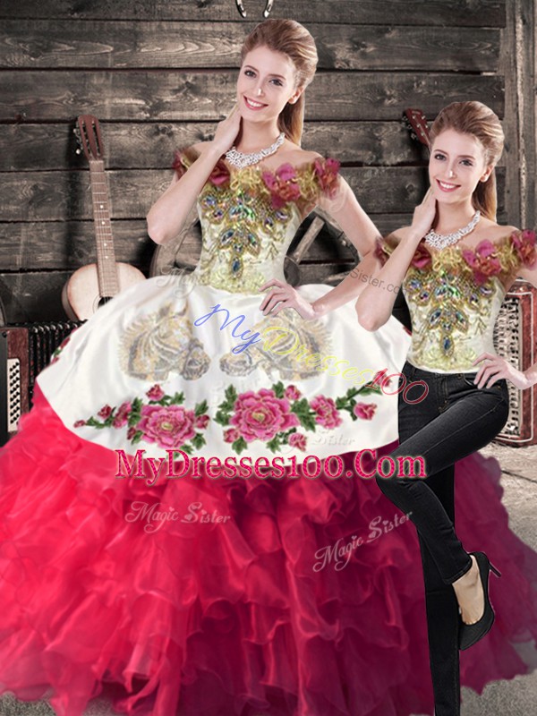 Elegant Satin and Organza Off The Shoulder Sleeveless Lace Up Embroidery Sweet 16 Quinceanera Dress in Hot Pink