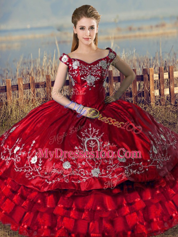Lovely Satin Off The Shoulder Sleeveless Lace Up Embroidery and Ruffled Layers Quinceanera Gowns in Red
