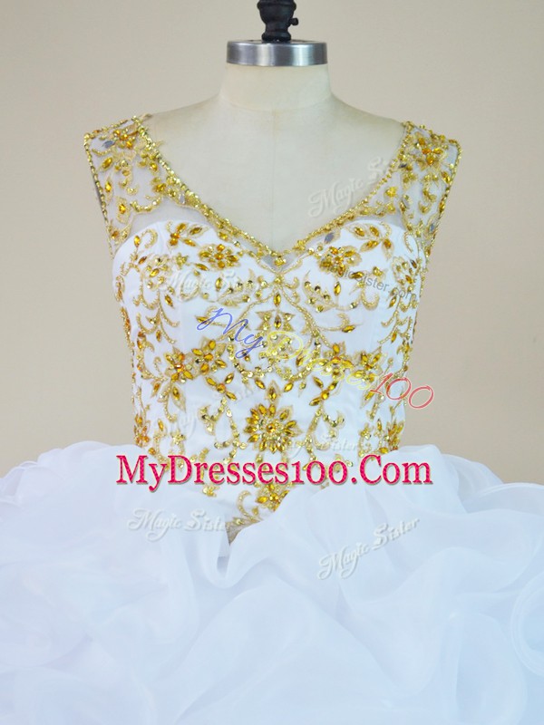 White Sleeveless Beading and Pick Ups Lace Up Sweet 16 Dresses