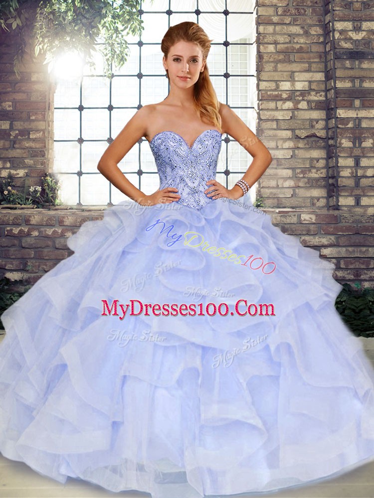 Lavender Sleeveless Tulle Lace Up Ball Gown Prom Dress for Military Ball and Sweet 16 and Quinceanera