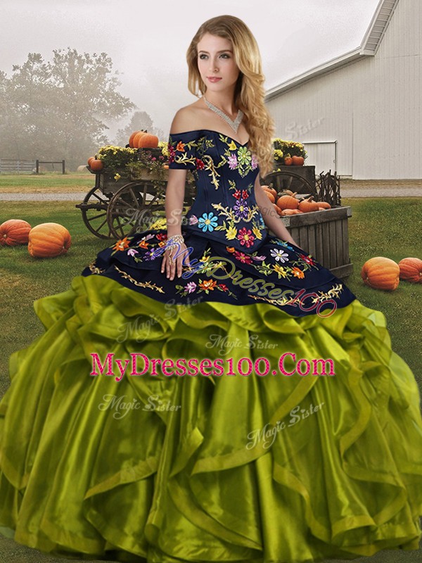 Olive Green Lace Up Quince Ball Gowns Embroidery and Ruffles Sleeveless Floor Length