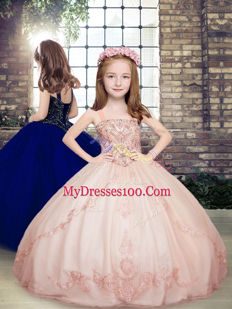 Floor Length Pink Girls Pageant Dresses Straps Sleeveless Lace Up