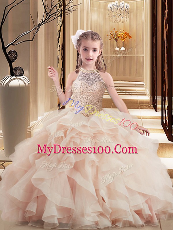 Pink High-neck Lace Up Beading Kids Pageant Dress Brush Train Sleeveless