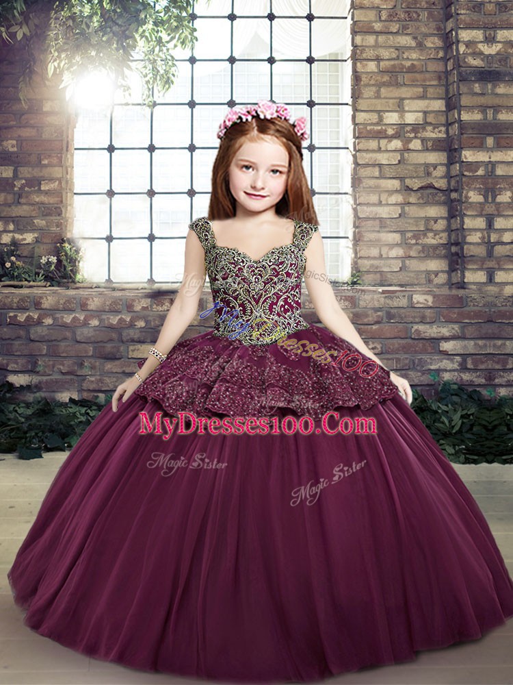Purple Tulle Lace Up Straps Sleeveless Floor Length Girls Pageant Dresses Beading and Appliques