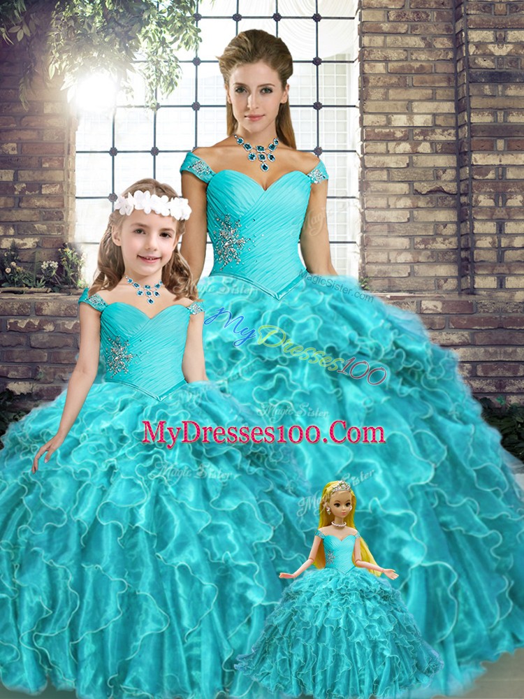 Clearance Aqua Blue Ball Gowns Beading and Ruffles Sweet 16 Dress Lace Up Organza Sleeveless