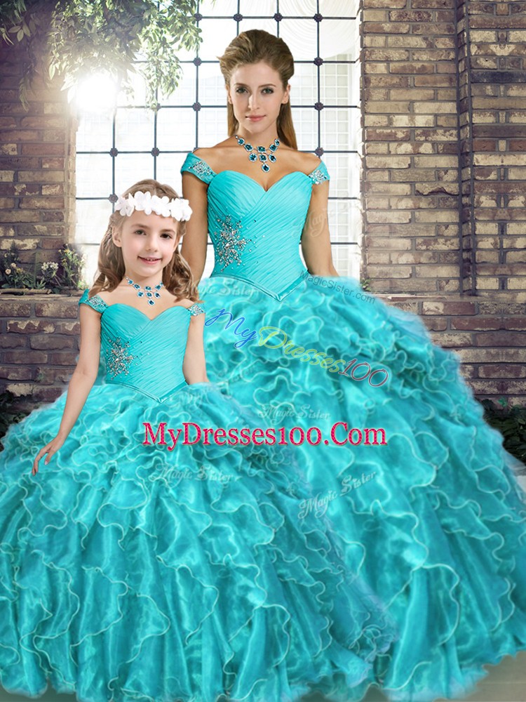 Clearance Aqua Blue Ball Gowns Beading and Ruffles Sweet 16 Dress Lace Up Organza Sleeveless