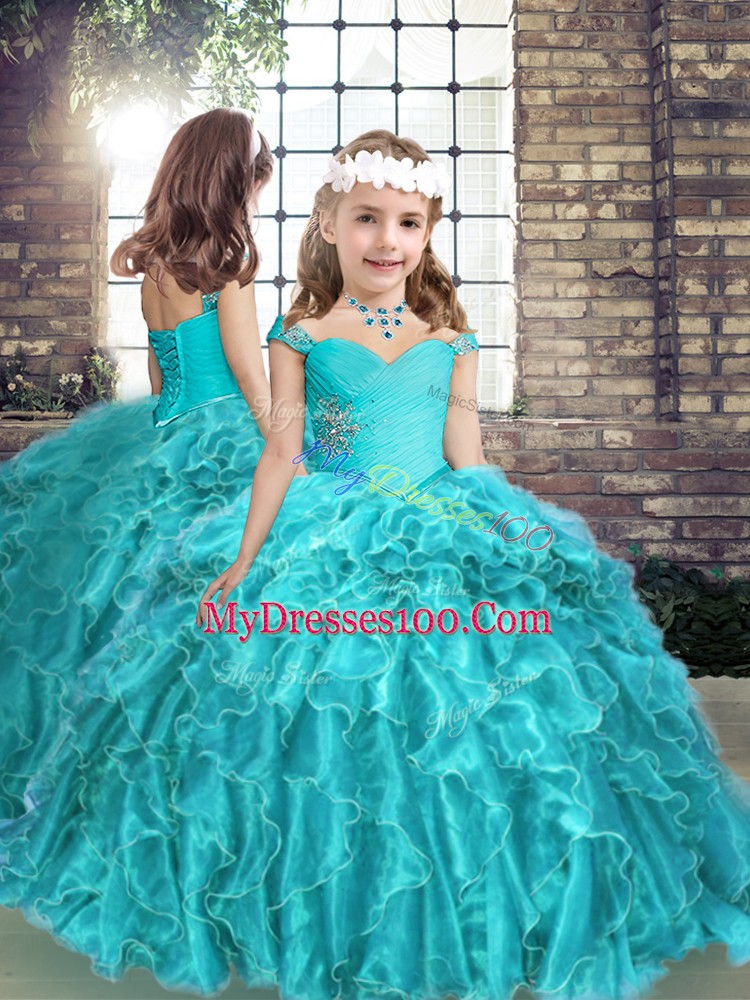Clearance Aqua Blue Ball Gowns Beading and Ruffles Sweet 16 Dress Lace Up Organza Sleeveless