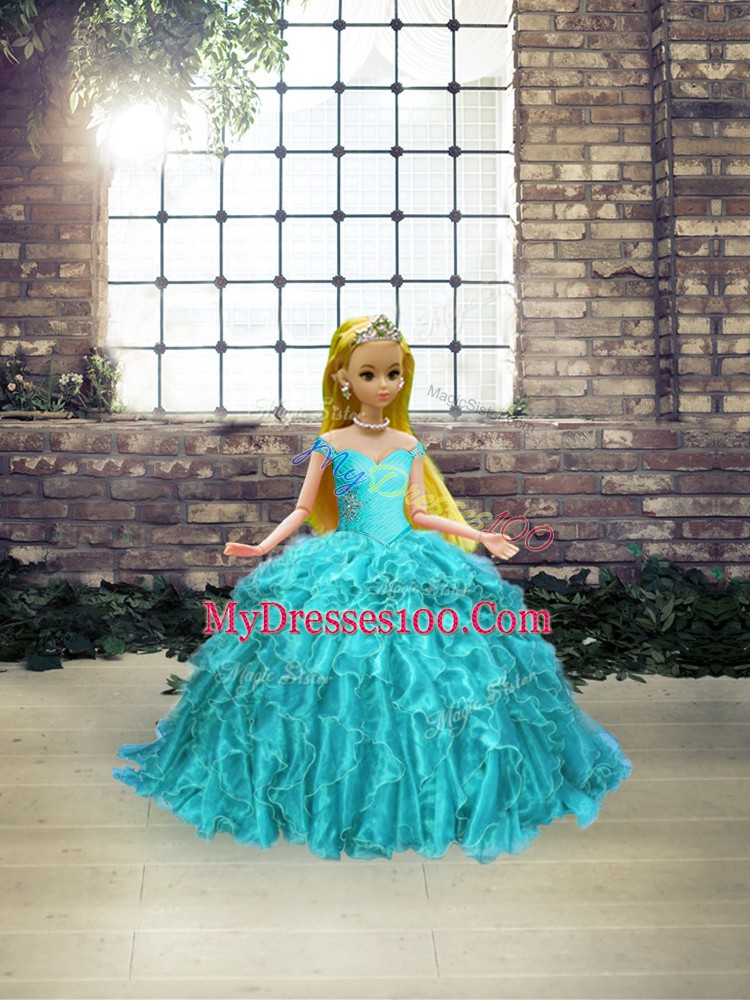 Clearance Aqua Blue Ball Gowns Beading and Ruffles Sweet 16 Dress Lace Up Organza Sleeveless