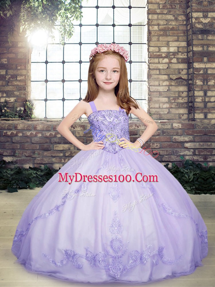 Modern Straps Sleeveless Little Girls Pageant Gowns Floor Length Beading Lavender Tulle