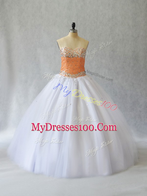 Dramatic White Ball Gowns Tulle Sweetheart Sleeveless Beading Floor Length Lace Up Quinceanera Gown