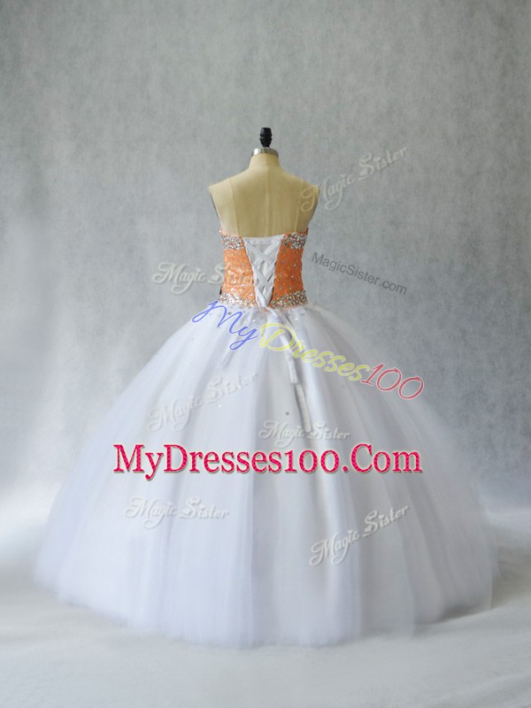 Dramatic White Ball Gowns Tulle Sweetheart Sleeveless Beading Floor Length Lace Up Quinceanera Gown