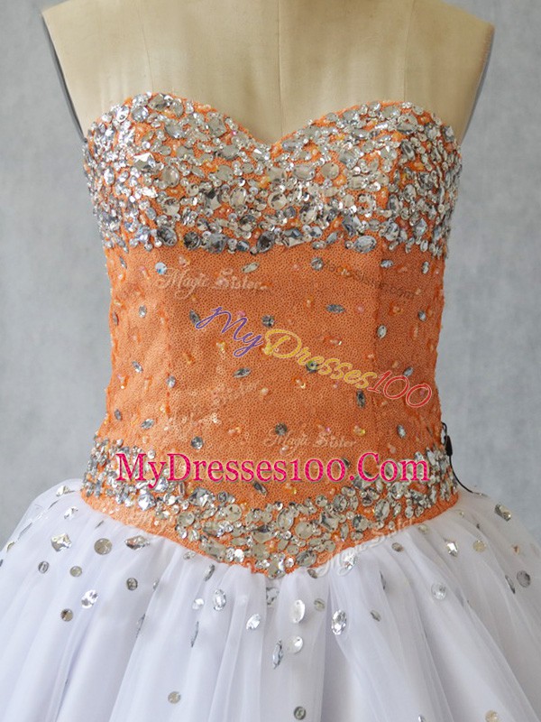 Dramatic White Ball Gowns Tulle Sweetheart Sleeveless Beading Floor Length Lace Up Quinceanera Gown