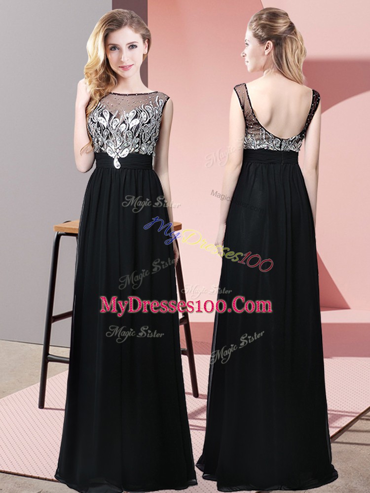 Modest Black Empire Chiffon Scoop Sleeveless Beading Floor Length Backless Evening Dress