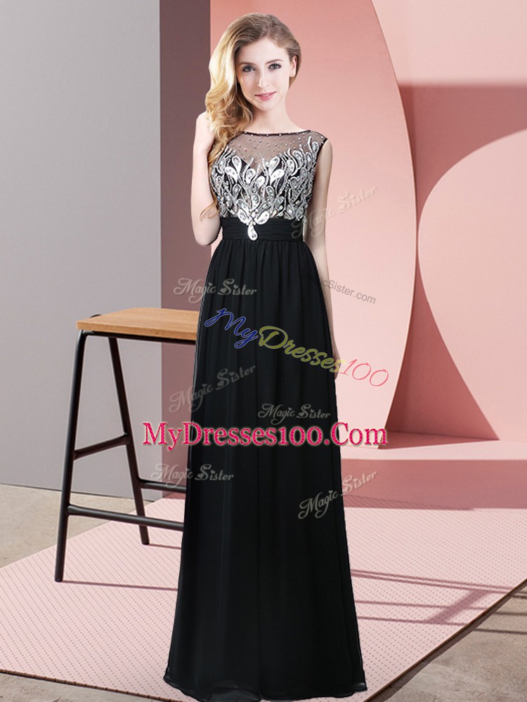 Modest Black Empire Chiffon Scoop Sleeveless Beading Floor Length Backless Evening Dress