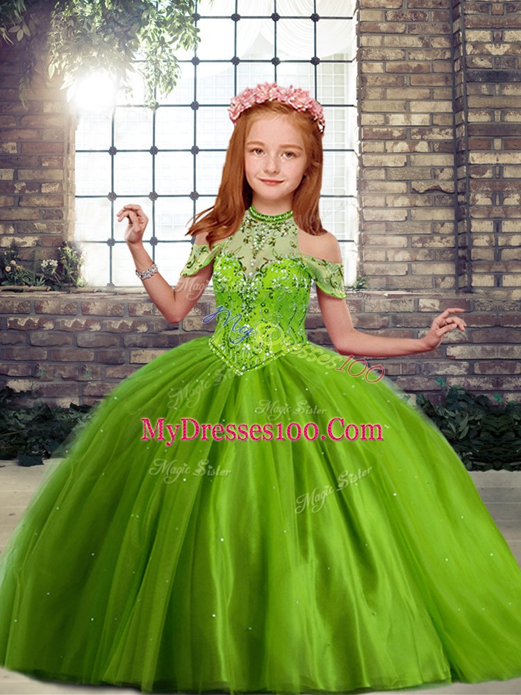 Elegant Tulle Sleeveless Floor Length Little Girls Pageant Gowns and Beading