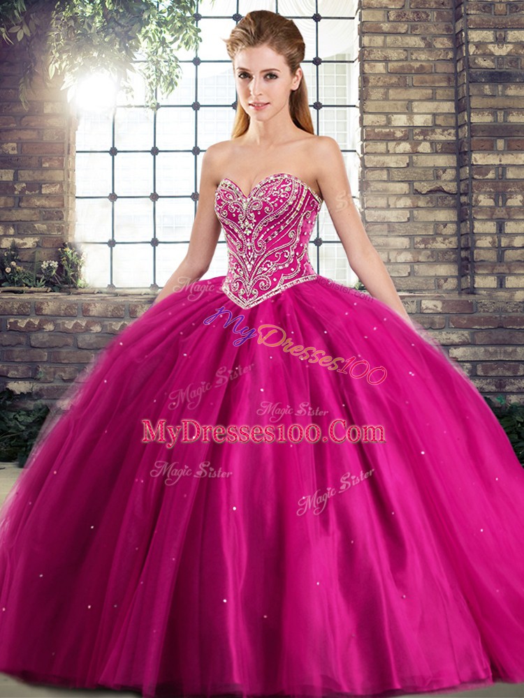 Perfect Fuchsia Sweetheart Lace Up Beading Vestidos de Quinceanera Brush Train Sleeveless