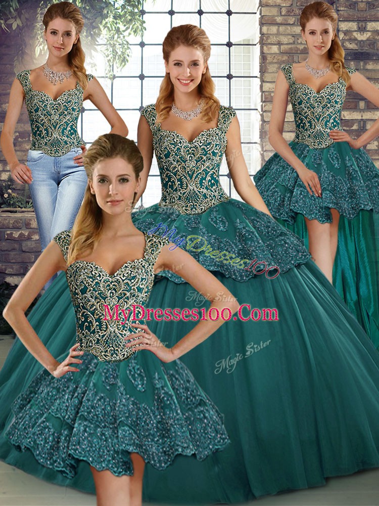 Adorable Tulle Straps Sleeveless Lace Up Beading and Appliques Sweet 16 Dress in Green
