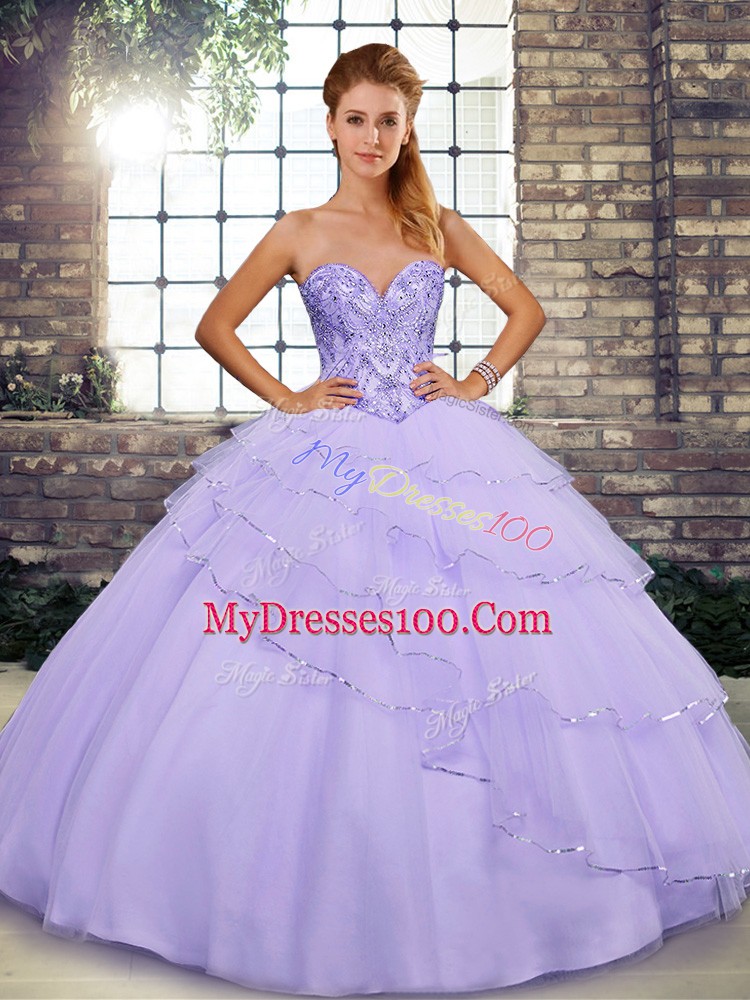 Sleeveless Brush Train Lace Up Beading and Ruffled Layers Sweet 16 Dresses