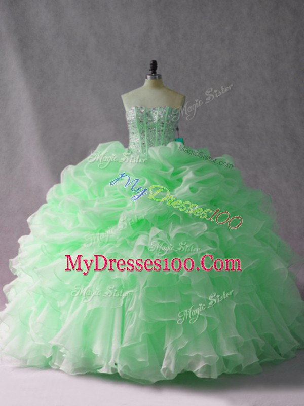 Best Apple Green Lace Up Strapless Beading and Ruffles 15 Quinceanera Dress Organza Sleeveless Brush Train