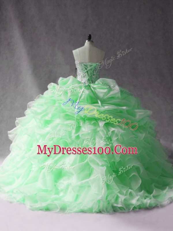 Best Apple Green Lace Up Strapless Beading and Ruffles 15 Quinceanera Dress Organza Sleeveless Brush Train