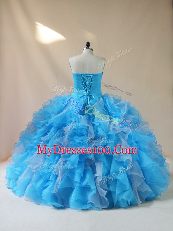 Baby Blue Sleeveless Organza Lace Up Quinceanera Gown for Sweet 16 and Quinceanera