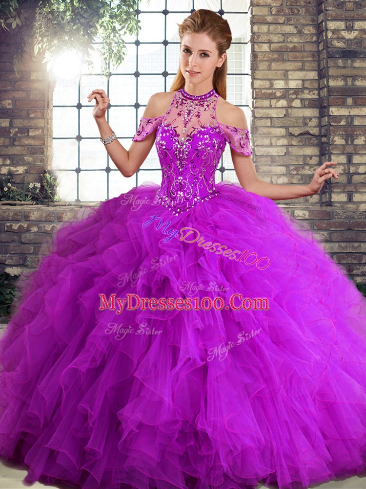 Purple Quinceanera Dresses Military Ball and Sweet 16 and Quinceanera with Beading and Ruffles Halter Top Sleeveless Lace Up
