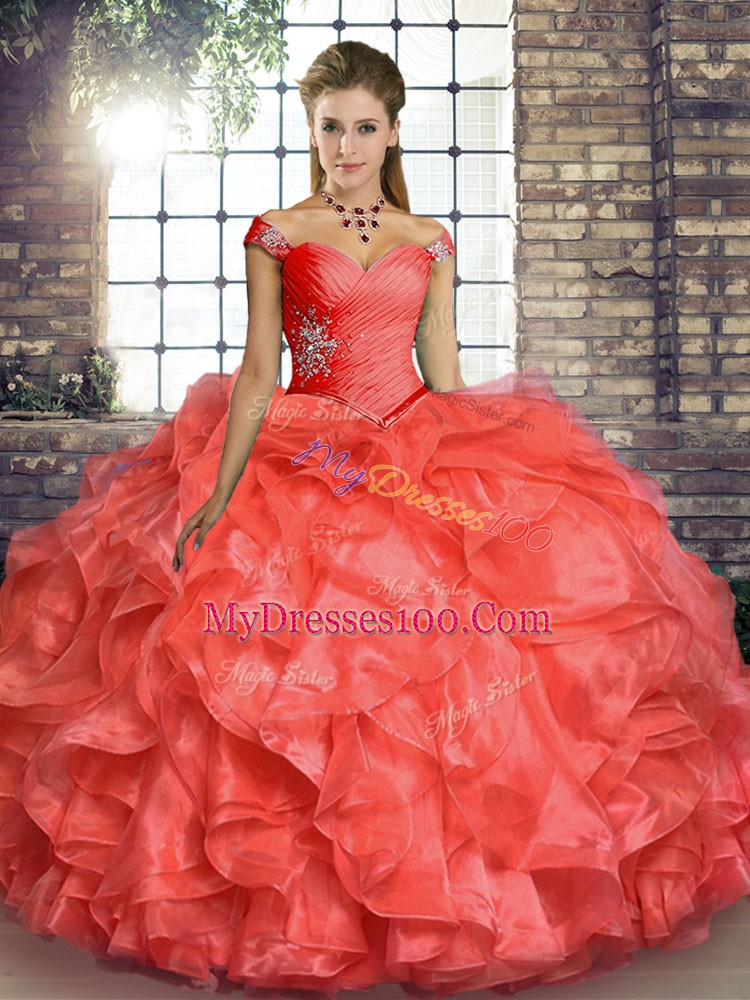 Coral Red Off The Shoulder Lace Up Beading and Ruffles Vestidos de Quinceanera Sleeveless