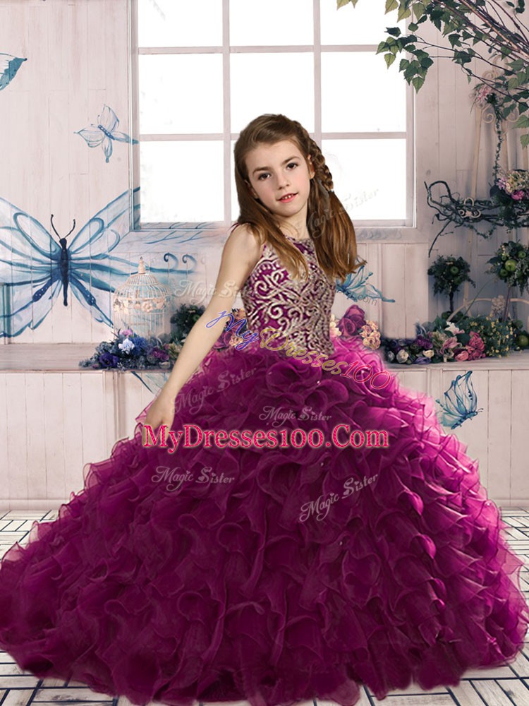 Superior Fuchsia Ball Gowns Beading and Ruffles Pageant Dress Toddler Lace Up Organza Sleeveless Floor Length