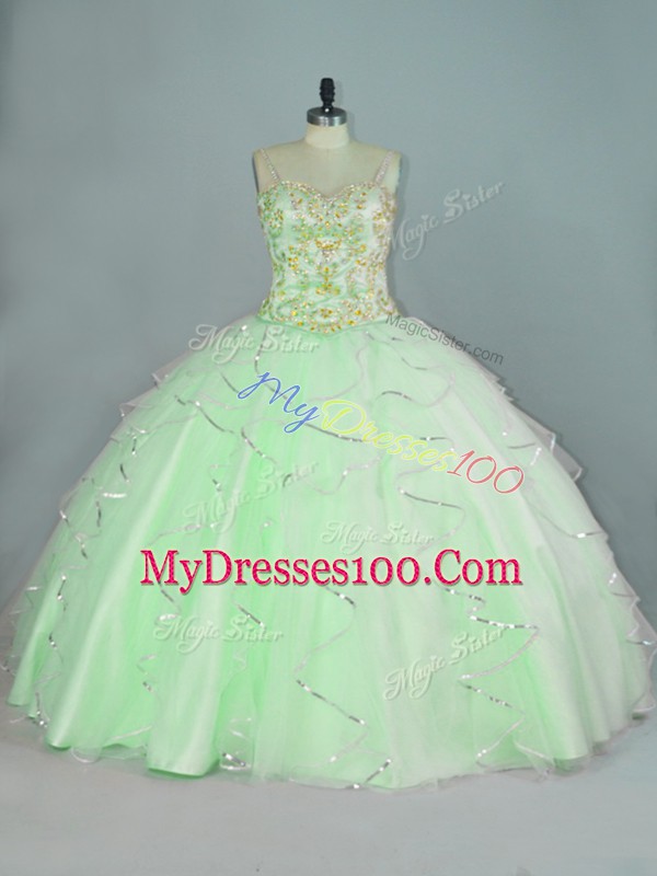 Floor Length Apple Green Quinceanera Gown Organza Sleeveless Beading and Ruffles