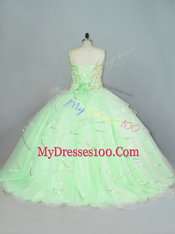 Floor Length Apple Green Quinceanera Gown Organza Sleeveless Beading and Ruffles