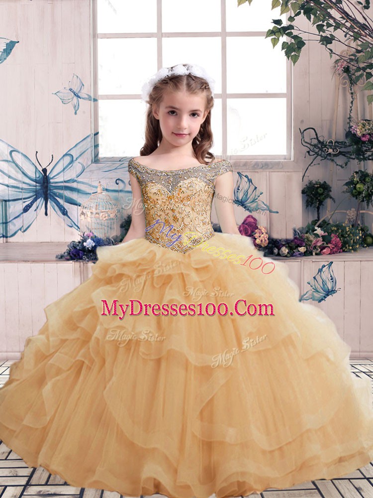 Beading and Ruffles Little Girl Pageant Gowns Champagne Lace Up Sleeveless Floor Length