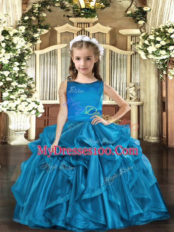 Gorgeous Scoop Sleeveless Lace Up Kids Formal Wear Blue Organza