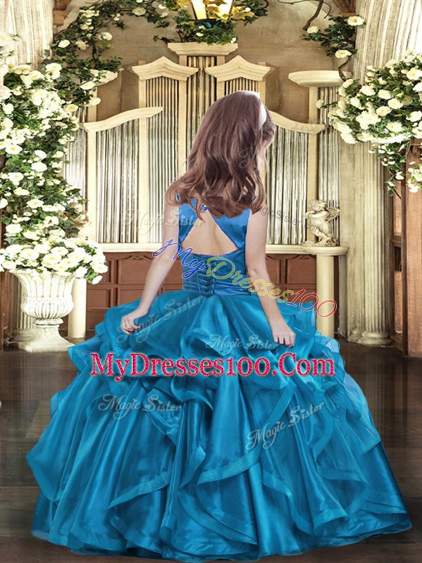 Gorgeous Scoop Sleeveless Lace Up Kids Formal Wear Blue Organza