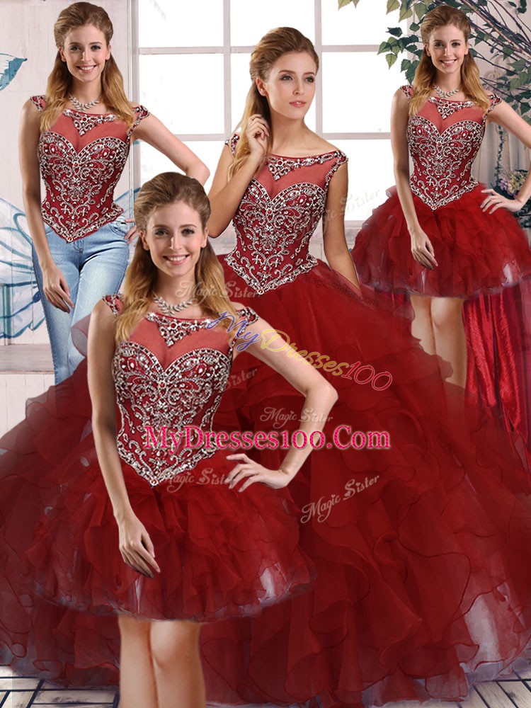 Most Popular Sleeveless Floor Length Beading and Ruffles Zipper Ball Gown Prom Dress with Burgundy
