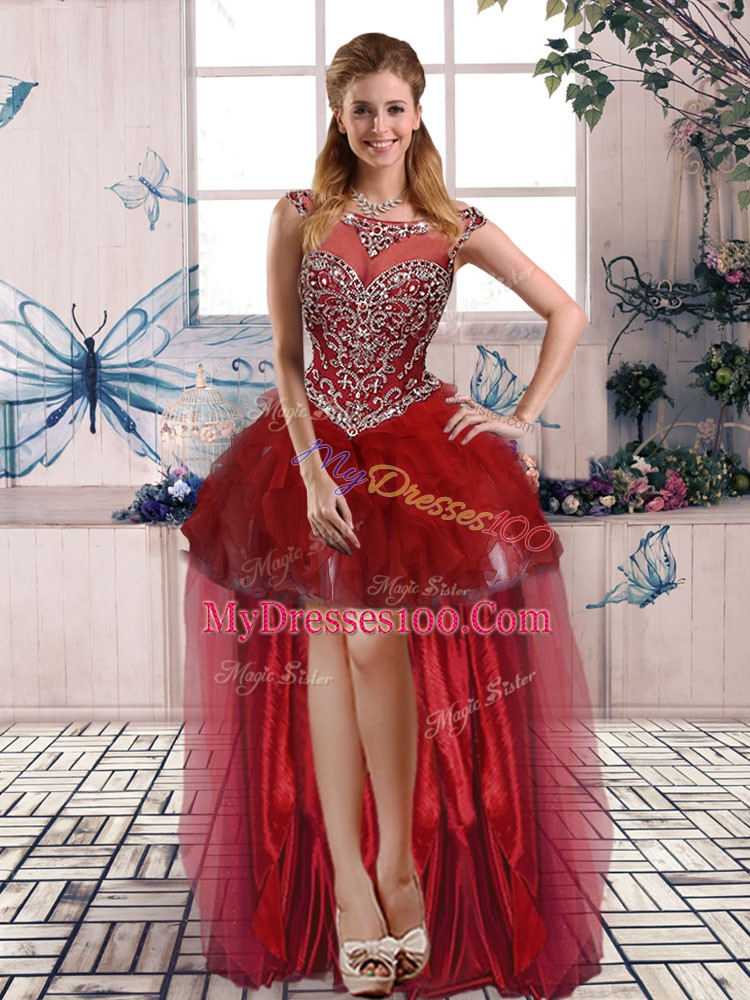 Most Popular Sleeveless Floor Length Beading and Ruffles Zipper Ball Gown Prom Dress with Burgundy
