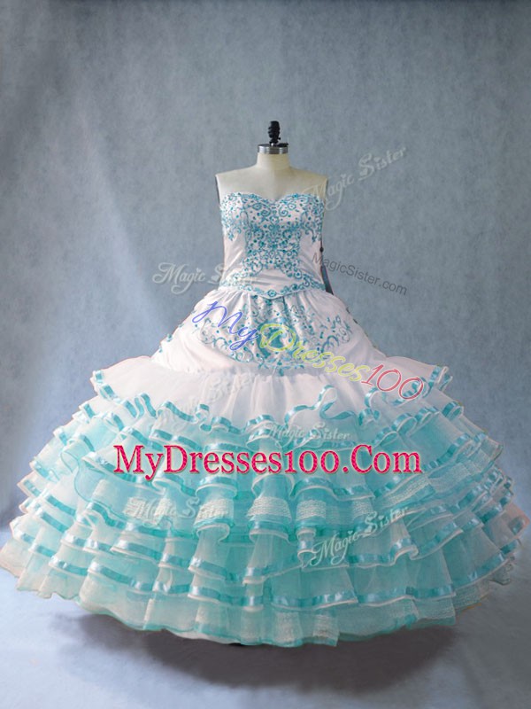 Elegant Floor Length Ball Gowns Sleeveless Blue And White 15th Birthday Dress Lace Up
