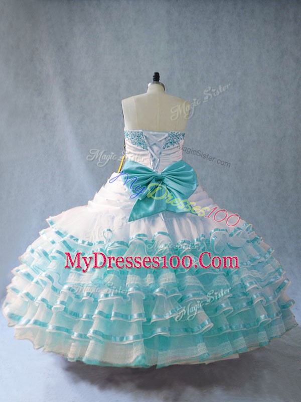 Elegant Floor Length Ball Gowns Sleeveless Blue And White 15th Birthday Dress Lace Up