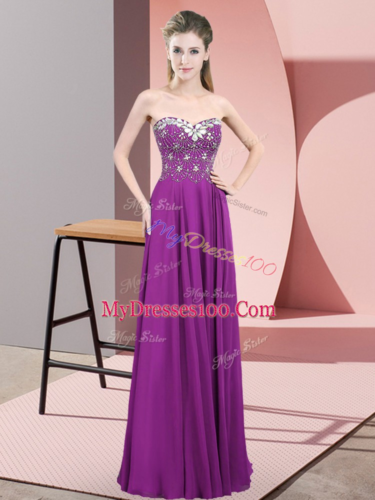 Nice Sleeveless Floor Length Beading Zipper Prom Dresses with Purple