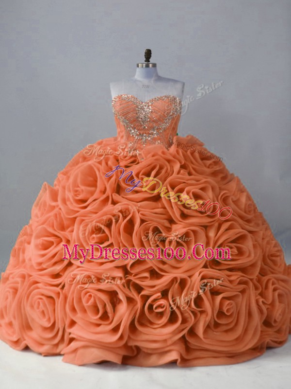 Orange Ball Gowns Sweetheart Sleeveless Fabric With Rolling Flowers Brush Train Lace Up Beading Quinceanera Dress
