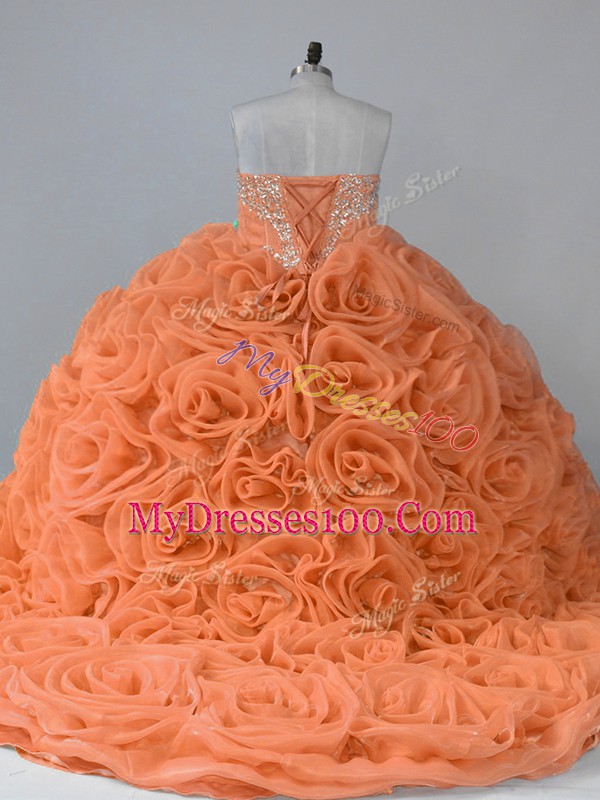 Orange Ball Gowns Sweetheart Sleeveless Fabric With Rolling Flowers Brush Train Lace Up Beading Quinceanera Dress