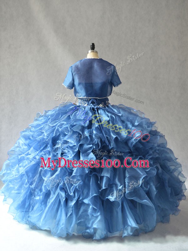 Organza Sweetheart Sleeveless Side Zipper Beading and Ruffles Quince Ball Gowns in Blue