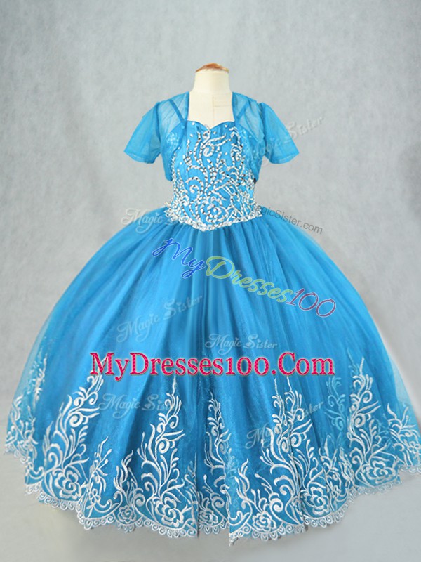 Baby Blue Sleeveless Beading and Embroidery Floor Length Child Pageant Dress
