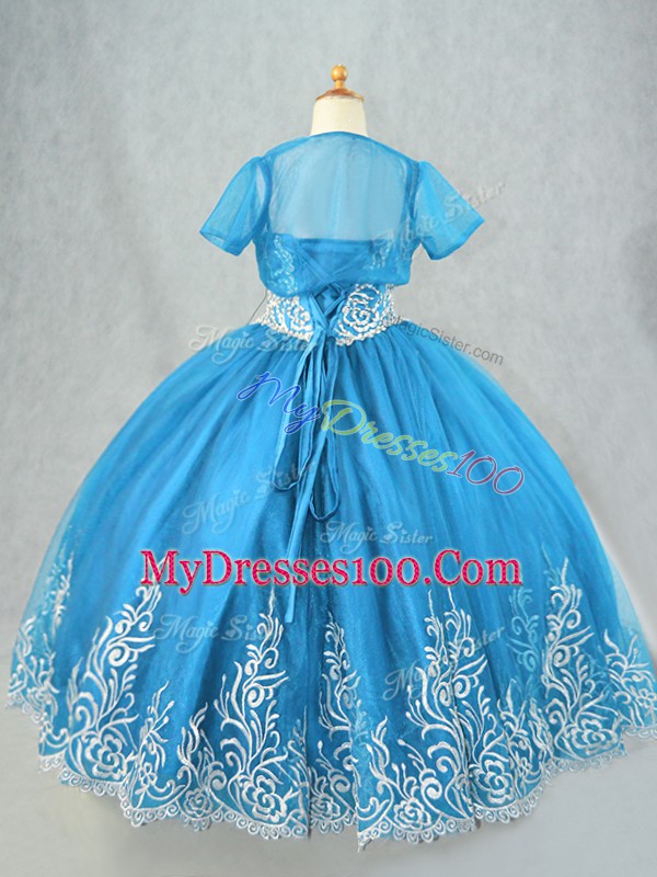 Baby Blue Sleeveless Beading and Embroidery Floor Length Child Pageant Dress