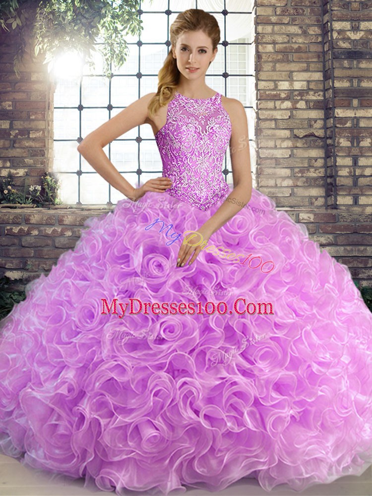 High End Lilac Ball Gowns Fabric With Rolling Flowers Scoop Sleeveless Beading Floor Length Lace Up Sweet 16 Dress