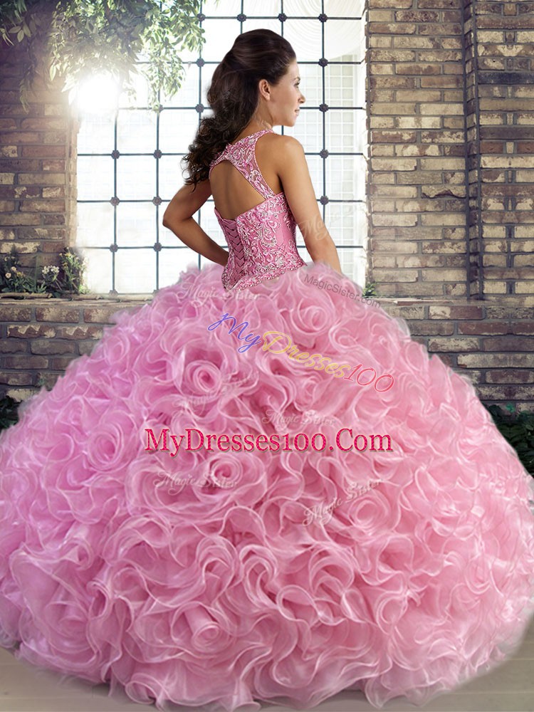 High End Lilac Ball Gowns Fabric With Rolling Flowers Scoop Sleeveless Beading Floor Length Lace Up Sweet 16 Dress