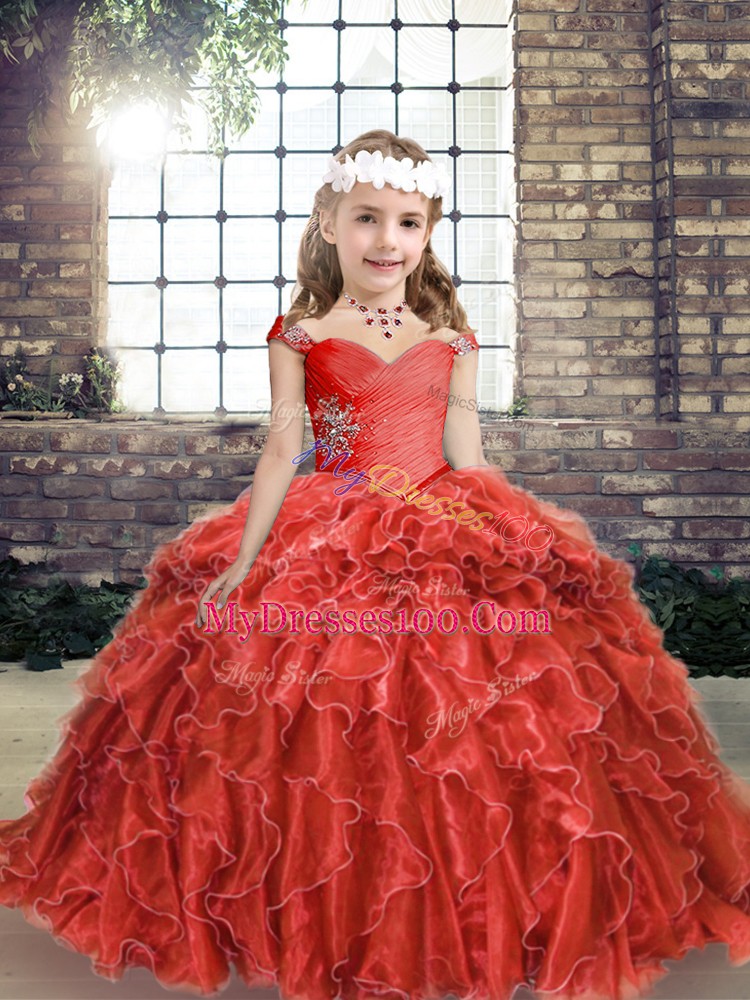 Sweet Red Organza Lace Up Evening Gowns Sleeveless Floor Length Beading and Ruffles
