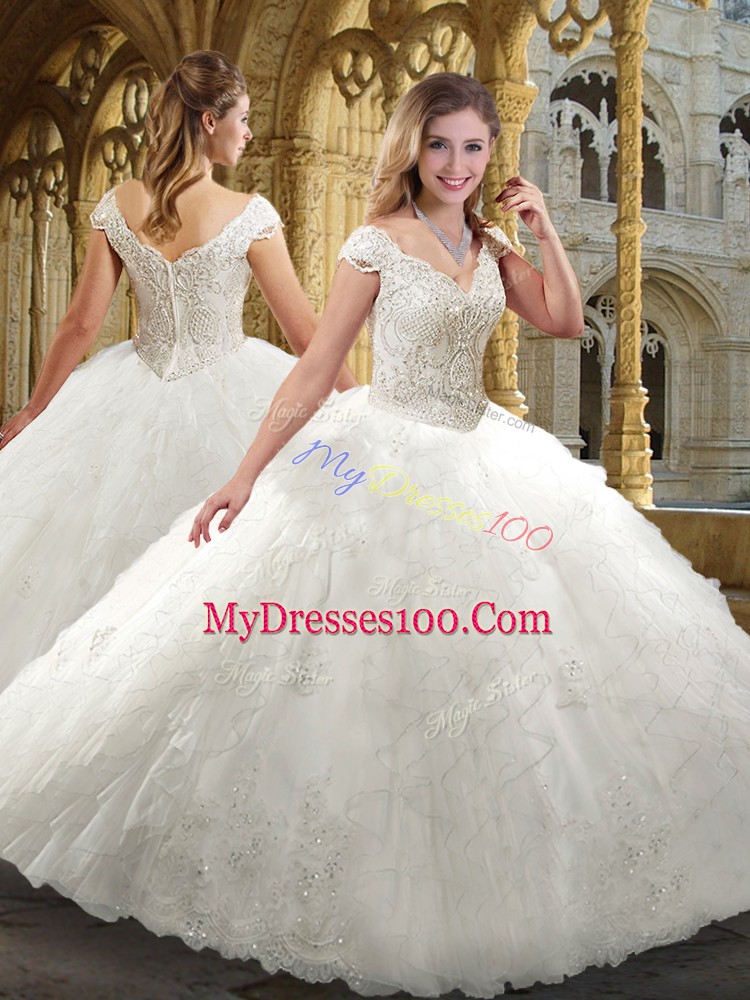 Elegant White Wedding Dress Wedding Party with Beading and Ruffles V-neck Cap Sleeves Zipper