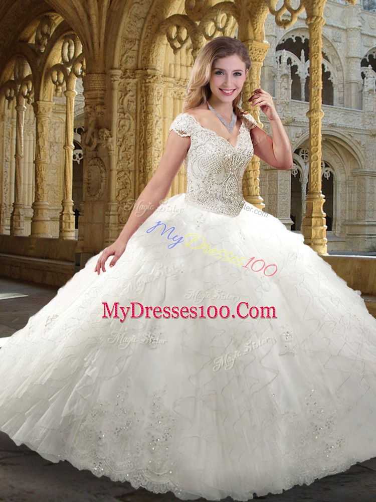 Elegant White Wedding Dress Wedding Party with Beading and Ruffles V-neck Cap Sleeves Zipper