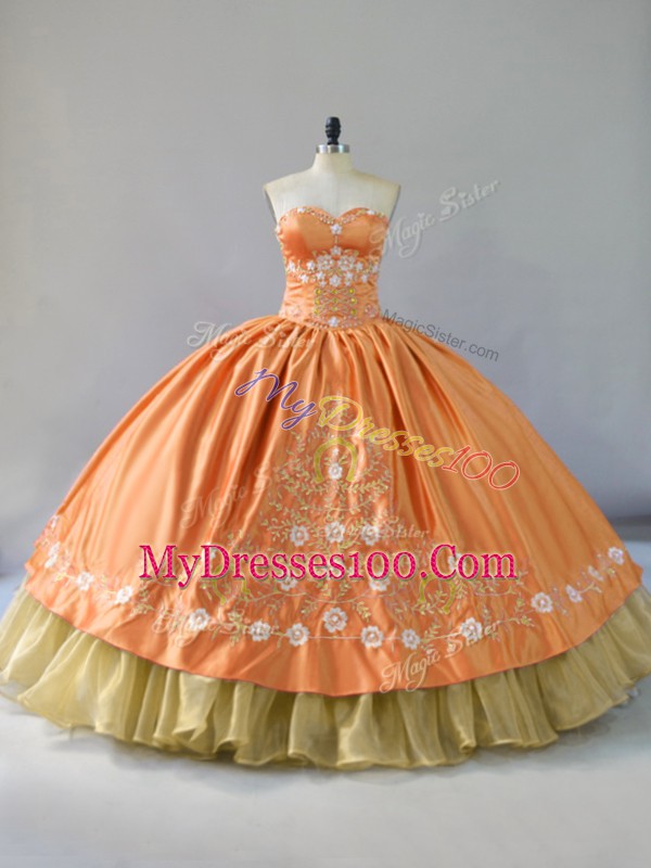 Orange Ball Gowns Satin and Organza Sweetheart Sleeveless Embroidery and Ruffled Layers Floor Length Lace Up Quince Ball Gowns